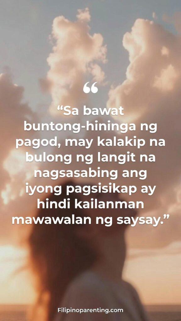 Beautiful Tagalog Words No English Translation: 5 Unshakeable Truths Vertical image with soft clouds and a quote about pagod and heaven’s encouragement.
