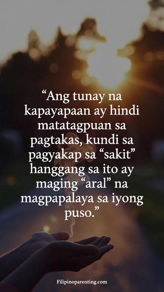 Beautiful Tagalog Words No English Translation: 5 Unshakeable Truths Vertical image with warm sunset tones and a quote about pain becoming a lesson.