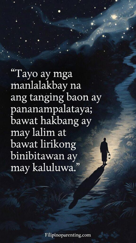 Beautiful Tagalog Words No English Translation: 5 Unshakeable Truths Vertical image of a traveler under moonlight with a quote about faith and depth.