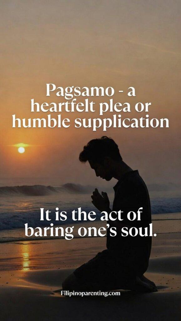 Beautiful Tagalog Words and Deep Meanings: 5 Enchanting Terms An image representing "Pagsamo," showing a person in deep, prayerful supplication during a serene sunset.
