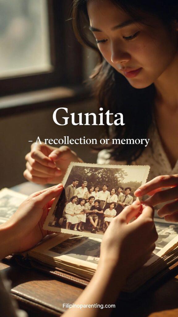 Beautiful Tagalog Words and Deep Meanings: 5 Enchanting Terms An image representing "Gunita," showing an elderly person looking at old photographs, evoking deep reflection.