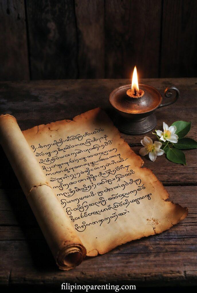 Beautiful Tagalog Words and Deep Meanings: 5 Enchanting Terms Vintage parchment and a lamp representing Beautiful Tagalog Words and Deep Meanings.