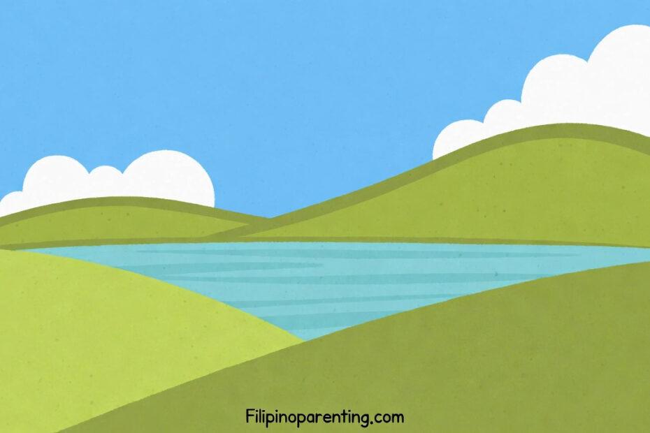Body of Water in Tagalog: A serene landscape showing a calm river or lake surrounded by lush green mountains.