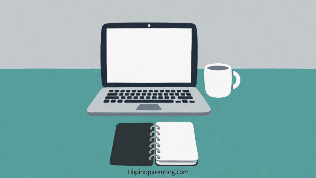 Business in Tagalog: 25 Essential & Powerful Words for Professional Success Business in Tagalog: A stylized vector illustration of a professional desk setup featuring a laptop, a coffee mug, and an open notebook.