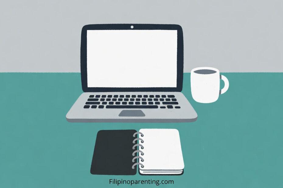 Business in Tagalog: A stylized vector illustration of a professional desk setup featuring a laptop, a coffee mug, and an open notebook.