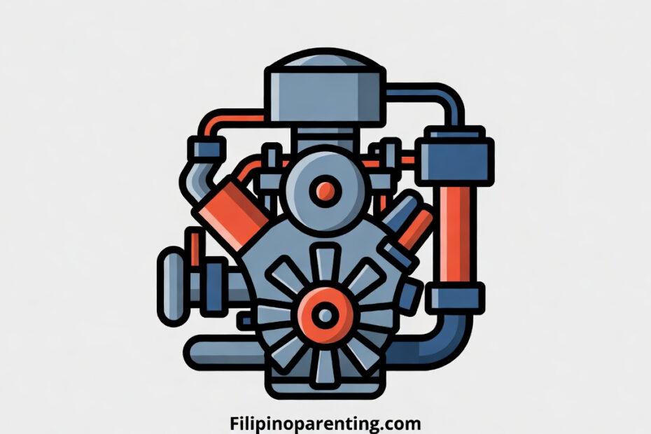 Car Parts in Tagalog: A stylized vector illustration of a car engine (makina) with various tubes and components to help drivers identify vehicle parts.