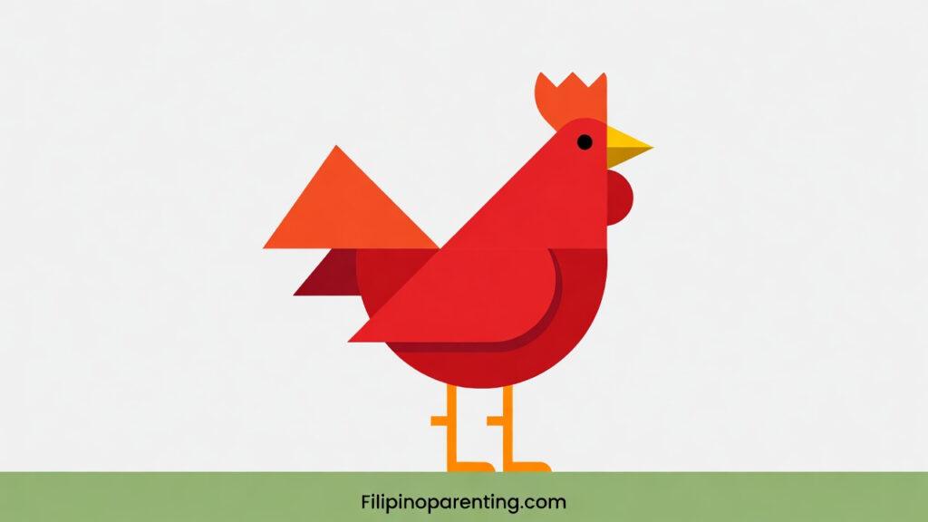 Chicken in Tagalog: 10+ Essential Vocabulary Words for Mastery Geometric red chicken illustration for learning the Tagalog word Manok.