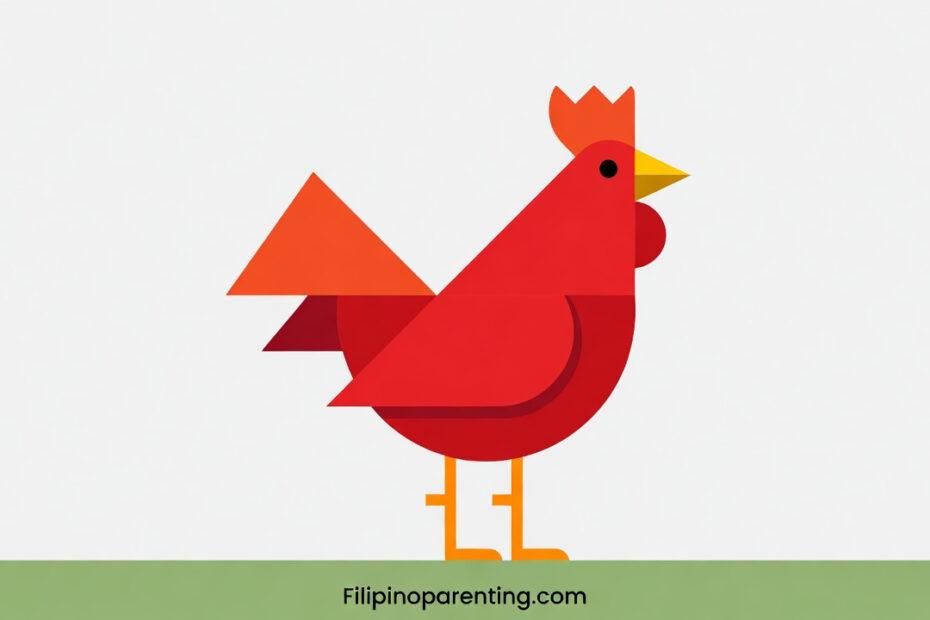 Chicken in Tagalog: 10+ Essential Vocabulary Words for Mastery Geometric red chicken illustration for learning the Tagalog word Manok.