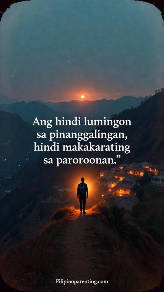 Classic Tagalog Salawikain Life Human Nature: 5 Timeless Truths A person standing on a mist-covered mountain ridge, looking back at a traditional bahay kubo in the valley below.