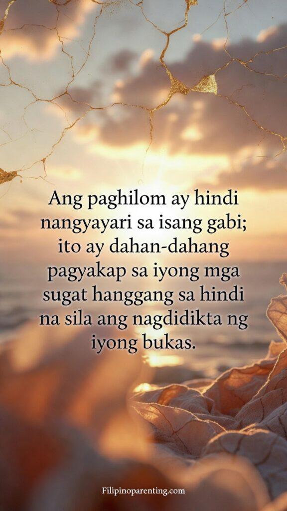 Comforting Tagalog Sayings Healing Hearts Growth: 5 Unbreakable Truths A warm sunrise-themed vertical image with soft golden tones symbolizing healing, featuring a Tagalog quote about slow emotional restoration.