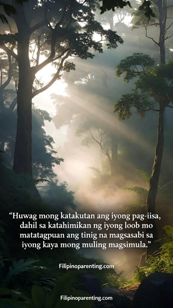 Comforting Tagalog Sayings Healing Hearts Growth: 5 Unbreakable Truths A serene vertical image representing solitude and inner peace, with a Tagalog quote about finding strength in silence.