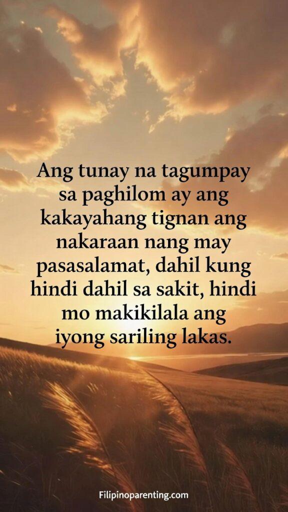 Comforting Tagalog Sayings Healing Hearts Growth: 5 Unbreakable Truths A warm sunrise-themed vertical image with a Tagalog quote about finding strength through gratitude.