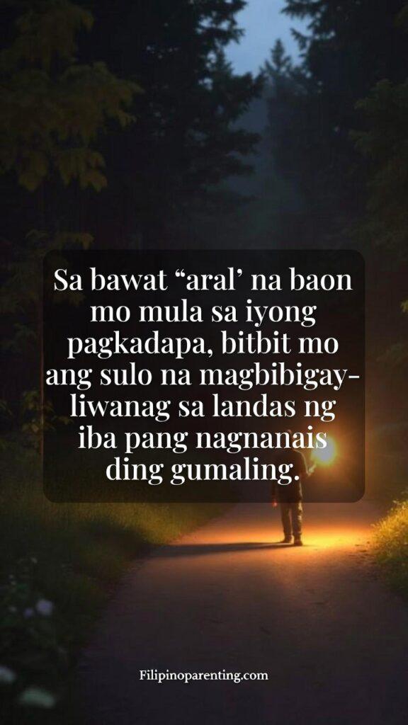 Comforting Tagalog Sayings Healing Hearts Growth: 5 Unbreakable Truths A vertical image with a glowing lantern symbolizing guidance, featuring a Tagalog quote about sharing wisdom after healing.