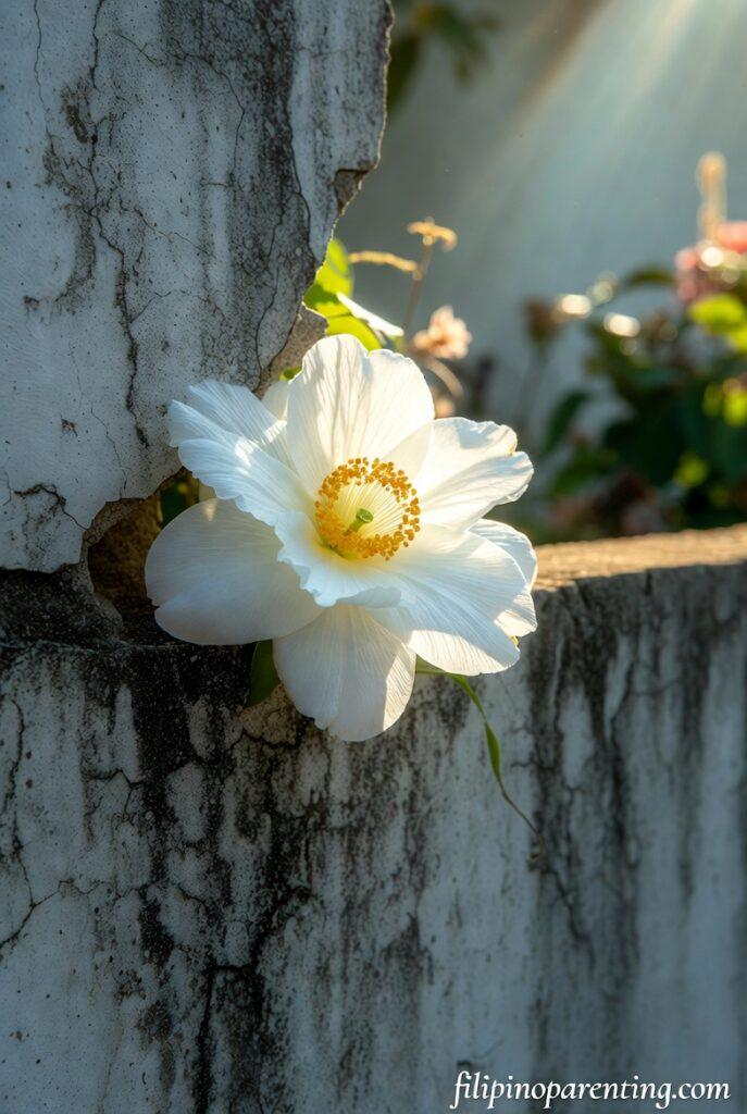 Comforting Tagalog Sayings Healing Hearts Growth: 5 Unbreakable Truths A Sampaguita flower blooming from a crack in a wall representing Comforting Tagalog Sayings Healing Hearts Growth.
