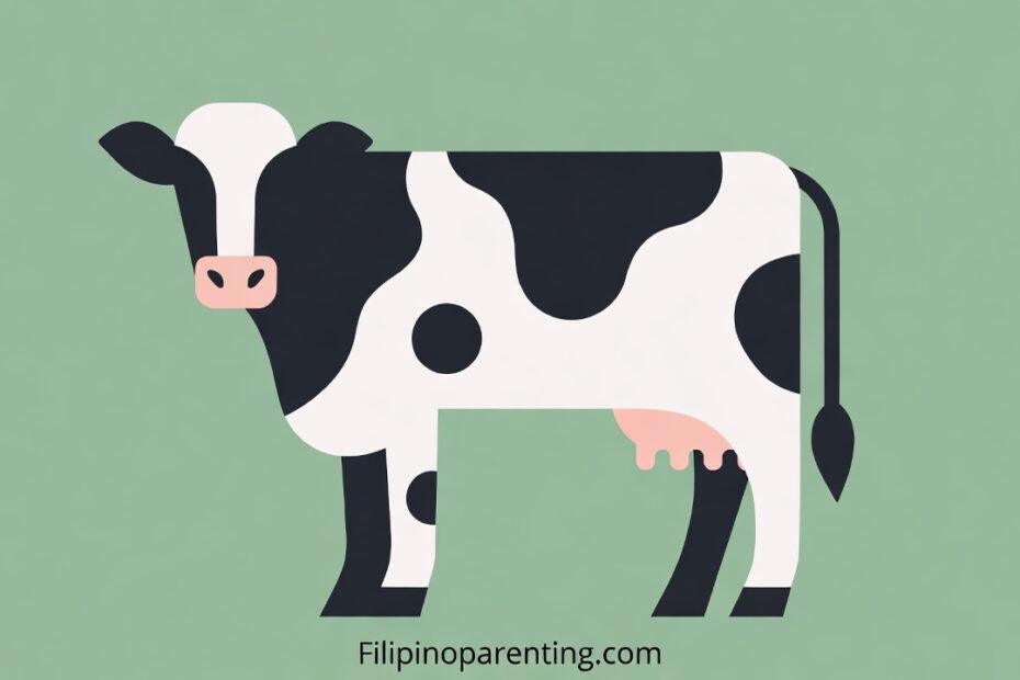 Cow in Tagalog: Unlock 12 Essential Example Sentences for Incredible Farm & Animal Vocabulary Mastery Minimalist illustration of a black and white cow for learning the Tagalog word Baka.