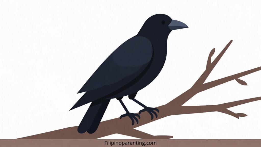 Crow in Tagalog: Unlock 12 Essential Example Sentences for Incredible Bird & Wildlife Vocabulary Mastery Illustration of a black crow perched on a branch for learning the Tagalog word Uwak.
