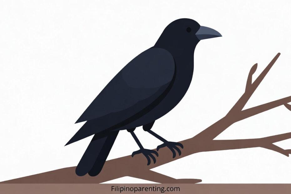 Crow in Tagalog: Unlock 12 Essential Example Sentences for Incredible Bird & Wildlife Vocabulary Mastery Illustration of a black crow perched on a branch for learning the Tagalog word Uwak.