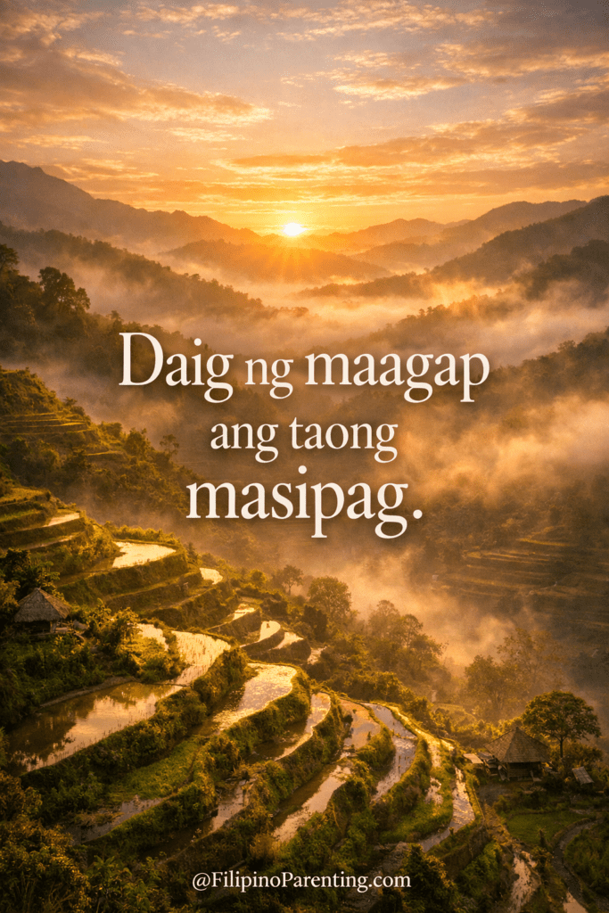 Pinoy Motivational Quotes: 30 Powerful Sayings to Build Your Inner Strength A breathtaking sunrise over the Banaue Rice Terraces in the Philippines with mist in the valleys and the Tagalog proverb "Daig ng maagap ang taong masipag" overlaid in white text.