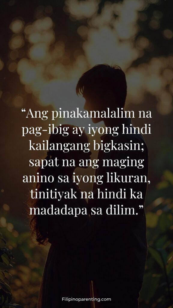 Deep Hugot Tagalog Quotes Unspoken Silent Love: 5 Unstoppable Lines A warm, dimly lit silhouette scene of someone quietly supporting another from behind, with the Tagalog quote displayed.