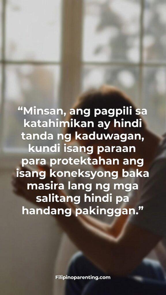 Deep Hugot Tagalog Quotes Unspoken Silent Love: 5 Unstoppable Lines A quiet scene of someone reflecting by a softly lit window, with the Tagalog quote about silence and protection.