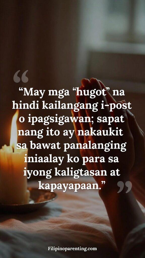Deep Hugot Tagalog Quotes Unspoken Silent Love: 5 Unstoppable Lines A peaceful candlelit prayer scene with a Tagalog quote about silent prayers and hidden feelings.