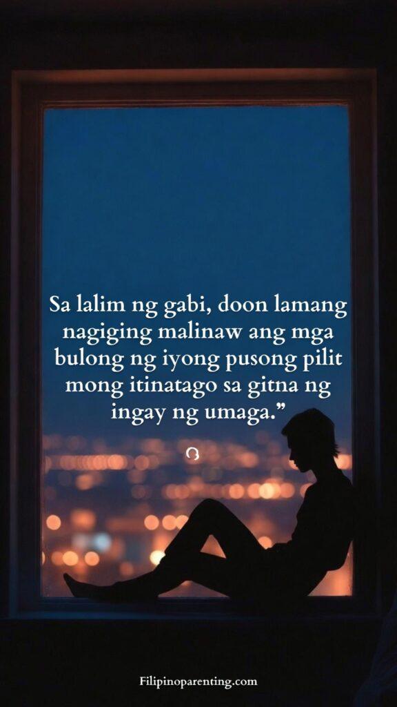 Deep Tagalog Lines Nighttime Thoughts Reflection: 5 Unstoppable Truths A person sitting by a window at night, looking at the city lights, with Tagalog text overlay.