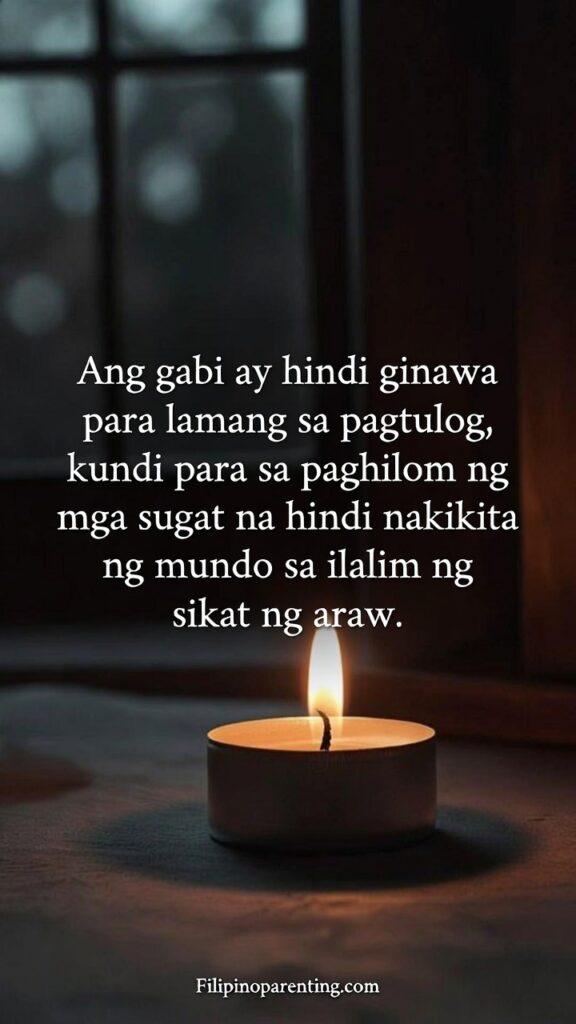 Deep Tagalog Lines Nighttime Thoughts Reflection: 5 Unstoppable Truths Soft candlelight in a dark room reflecting on a wooden table with Tagalog quote.