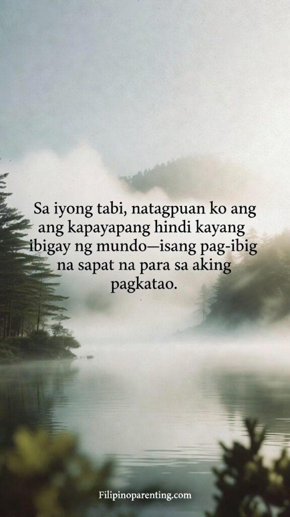 Deep Tagalog Love Quotes for a Gentle Heart: 5 Enchanting Expressions Minimalist vertical image of a serene nature scene (a quiet lake and forest) with soft, diffused sunlight, featuring the Tagalog quote about finding peace in love.