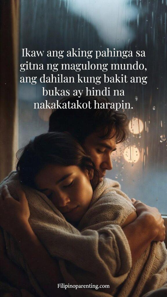 Deep Tagalog Love Quotes for a Gentle Heart: 5 Enchanting Expressions Warm and comforting vertical image showing two people in a gentle embrace, focusing on the feeling of safety and 'pahinga' (rest), featuring the Tagalog quote.