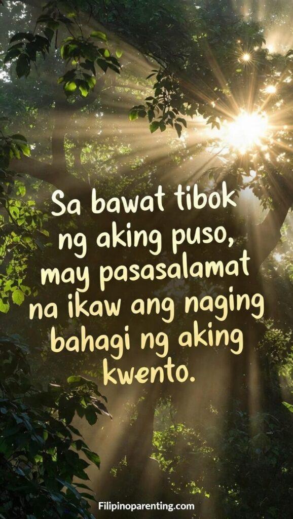 Deep Tagalog Love Quotes for a Gentle Heart: 5 Enchanting Expressions Beautiful, nature-inspired vertical image of golden sunlight filtering through leaves, symbolizing hope and gratitude, featuring the Tagalog gratitude quote.