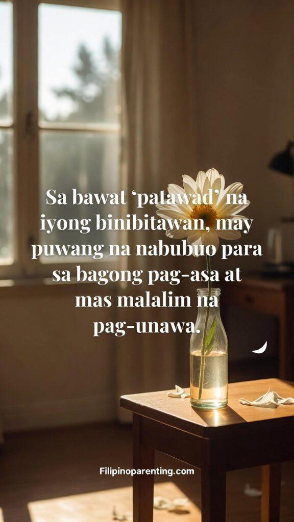 Deep Tagalog Proverbs on Forgiveness and Healing: 5 Powerful Truths for Inner Peace The background is a warm, sunlit room with a single flower in a vase, symbolizing new hope.