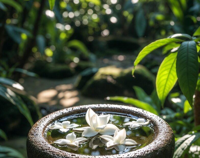 A bowl of water and flowers in a garden representing Deep Tagalog Proverbs on Forgiveness and Healing.