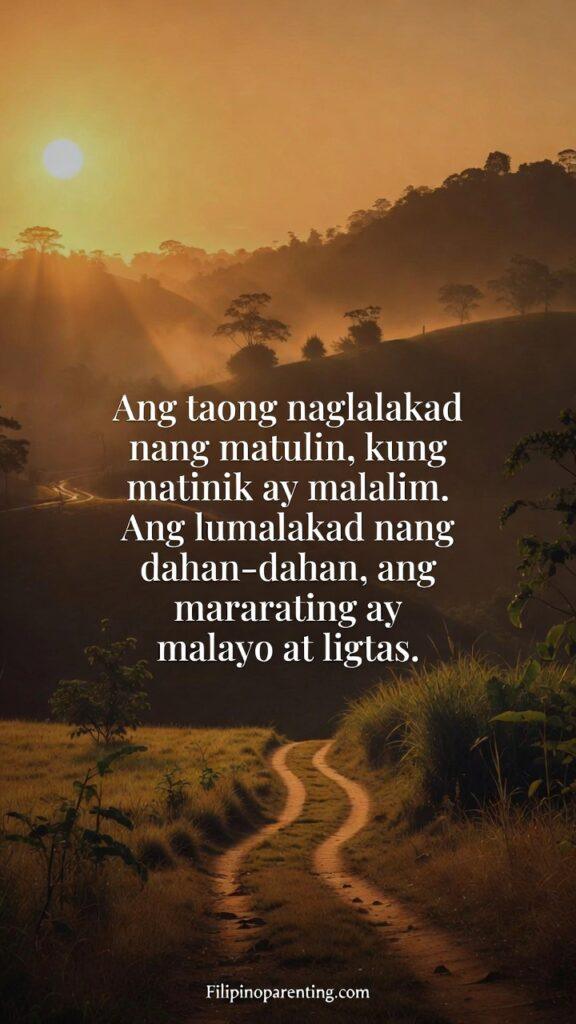 Deep Tagalog Proverbs on Patience and Victory: 5 Unstoppable Truths The background is a serene, sun-drenched rural Philippine landscape with a winding dirt path.