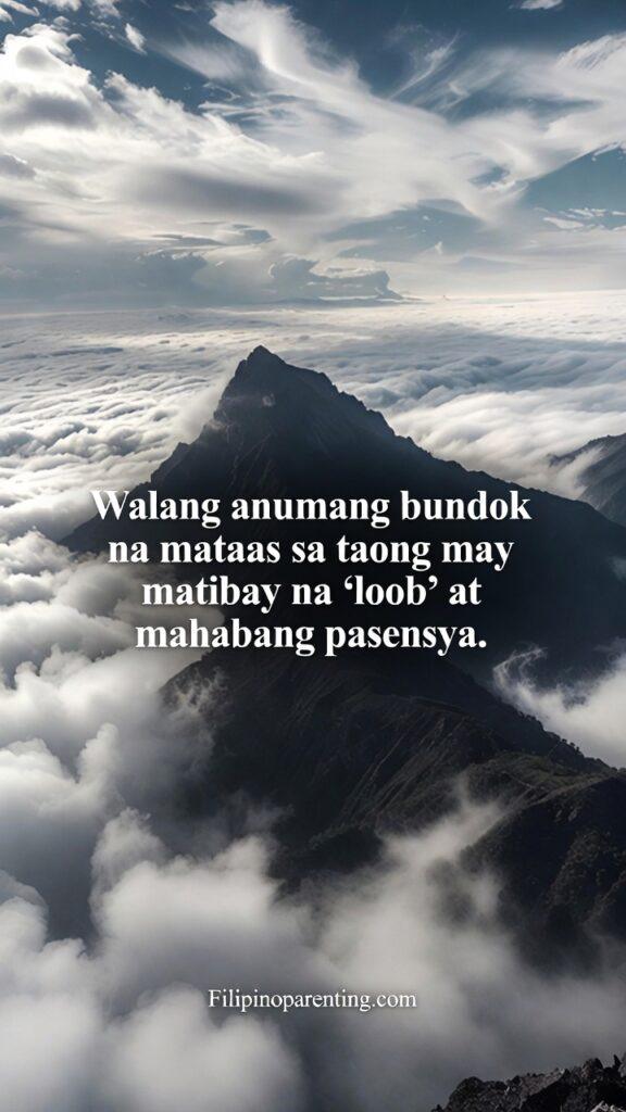 Deep Tagalog Proverbs on Patience and Victory: 5 Unstoppable Truths A silhouette of a hiker standing atop a high peak like Mt. Pulag, representing a strong "loob."