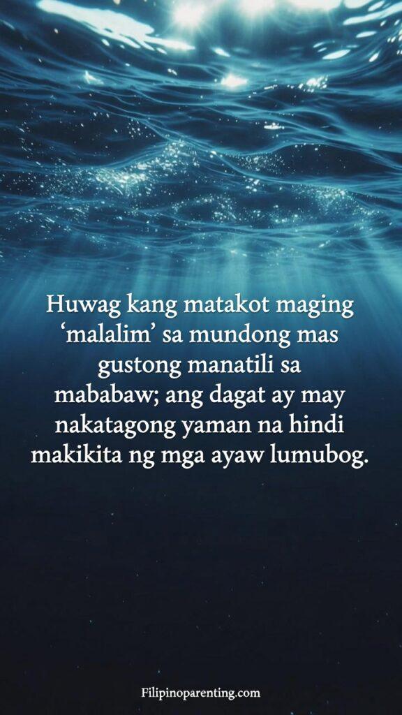 Deep Tagalog Quotes Instagram Captions Soulful: 5 Unforgettable Lines Deep blue ocean depths with light rays representing the treasures of a deep soul.