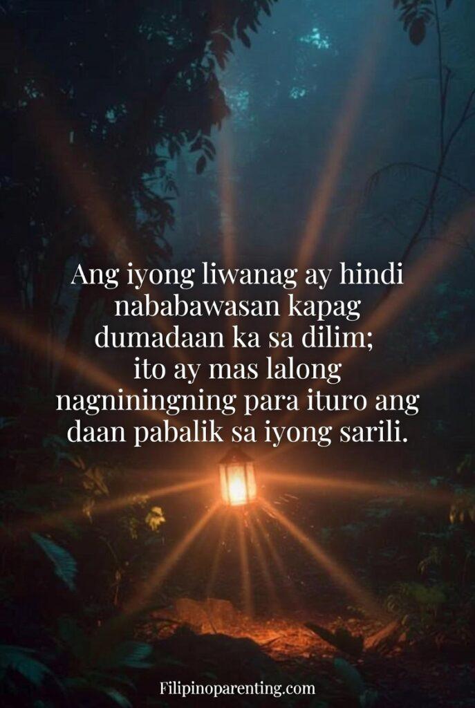 Deep Tagalog Quotes Instagram Captions Soulful: 5 Unforgettable Lines A bright lantern glowing in a dark forest, symbolizing inner resilience.