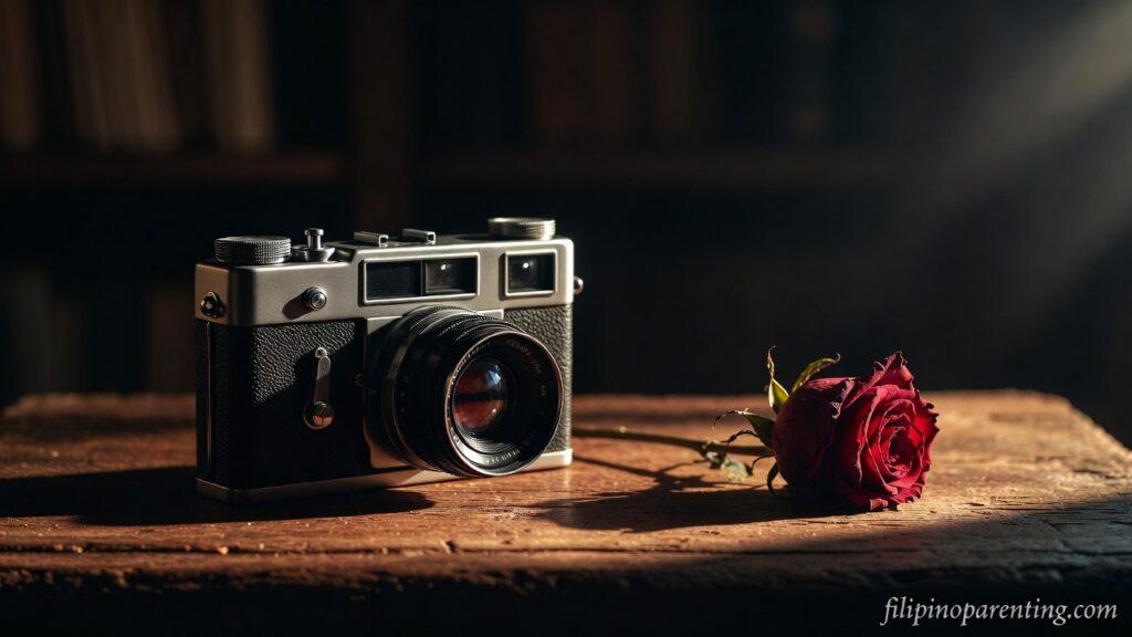 Deep Tagalog Quotes Instagram Captions Soulful: 5 Unforgettable Lines A vintage camera and a red rose representing Deep Tagalog Quotes Instagram Captions Soulful.