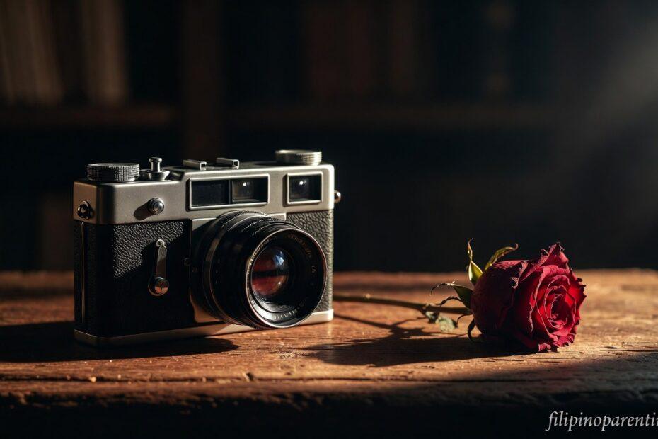 A vintage camera and a red rose representing Deep Tagalog Quotes Instagram Captions Soulful.