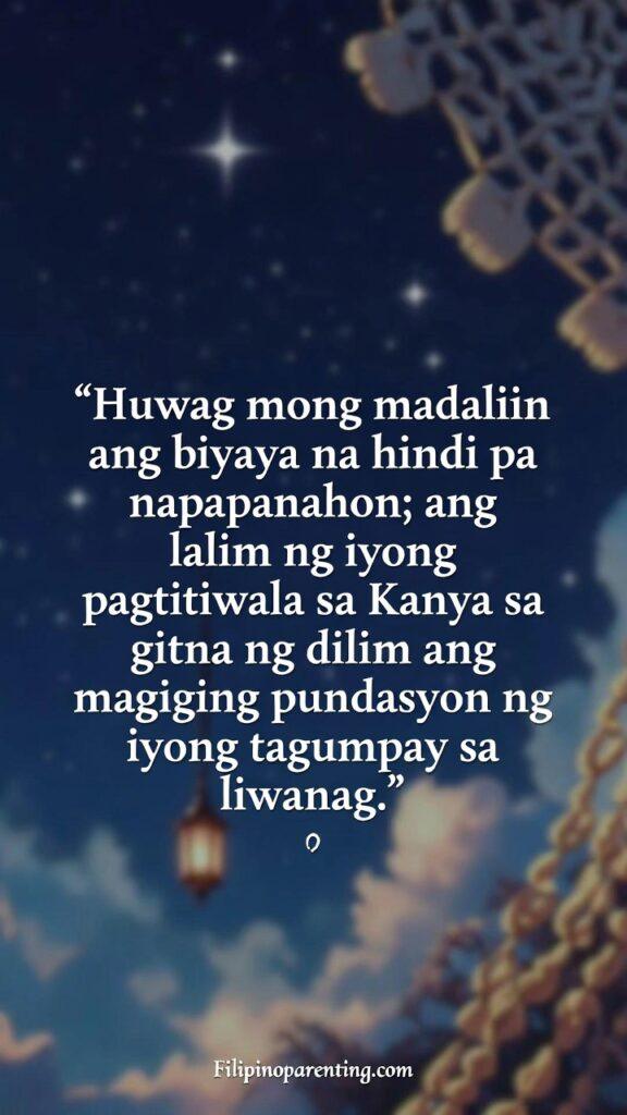 Deep Tagalog Quotes Trusting God’s Perfect Plan: 5 Miraculous Truths Night-sky themed Filipino inspirational image about trusting God’s timing.