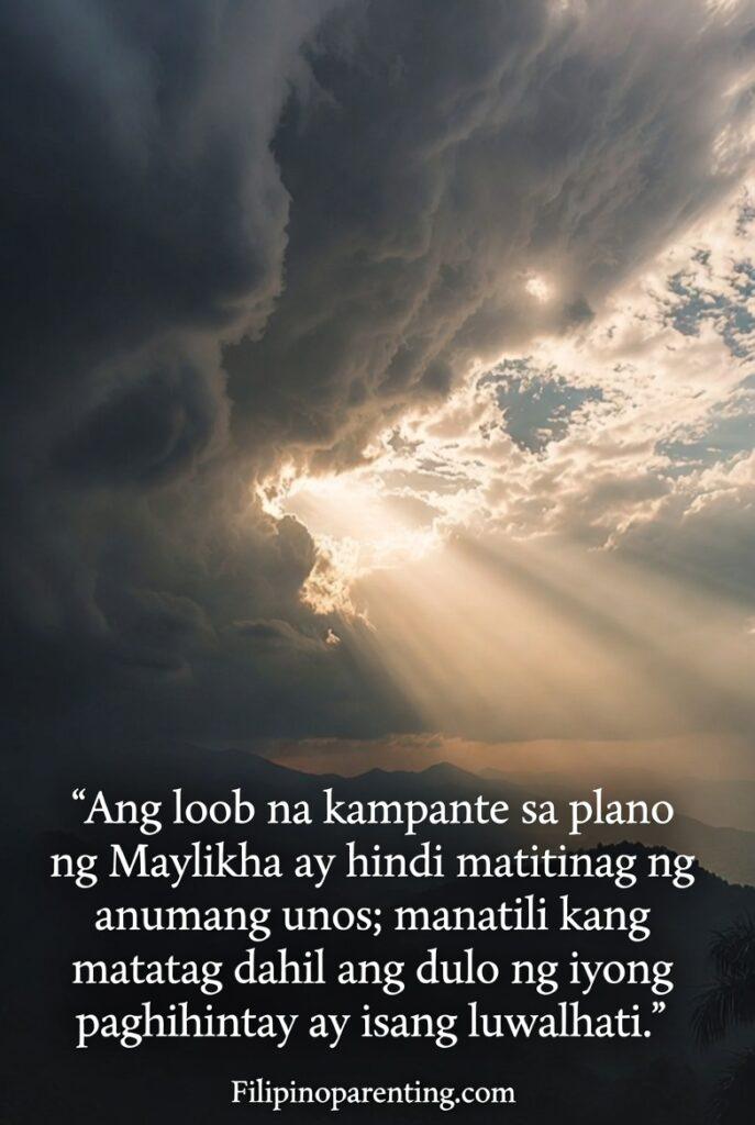 Deep Tagalog Quotes Trusting God’s Perfect Plan: 5 Miraculous Truths Filipino-themed inspirational image showing light breaking through storms with a Tagalog quote.