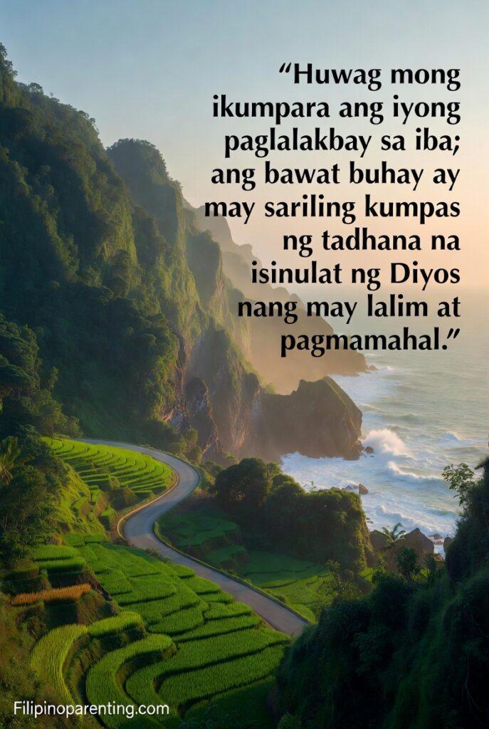 Deep Tagalog Quotes Trusting God’s Perfect Plan: 5 Miraculous Truths Filipino landscape image with Tagalog quote about one’s unique God-written journey.