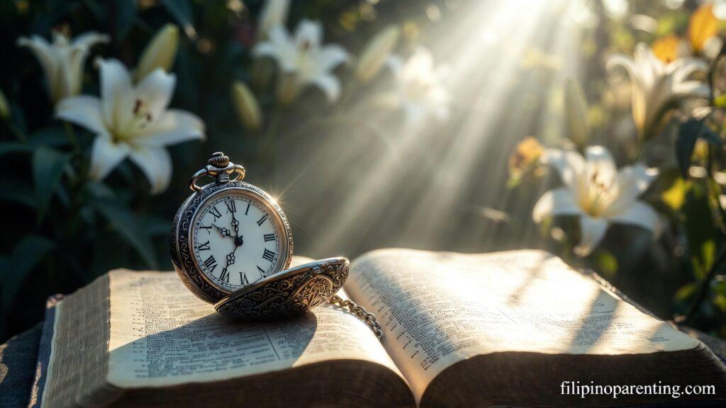 Deep Tagalog Quotes Trusting God’s Perfect Plan: 5 Miraculous Truths A pocket watch on a Bible representing Deep Tagalog Quotes Trusting God’s Perfect Plan.