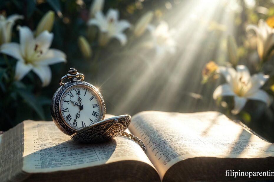 A pocket watch on a Bible representing Deep Tagalog Quotes Trusting God’s Perfect Plan.