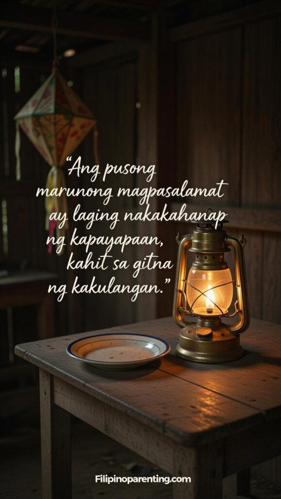 Deep Tagalog Quotes on Gratitude and Inner Peace: 5 Transformative Sayings A rustic lamp illuminating a simple plate on a wooden table, featuring a Tagalog quote about finding peace in gratitude.