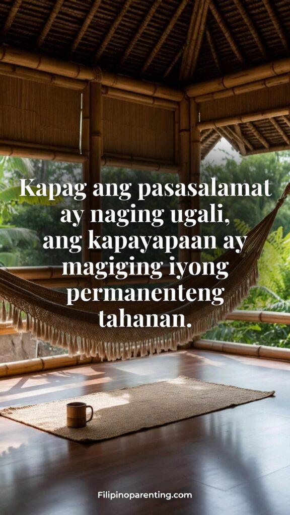 Deep Tagalog Quotes on Gratitude and Inner Peace: 5 Transformative Sayings A welcoming view of a simple Filipino bahay kubo patio with a hammock, overlaid with a Tagalog quote about gratitude becoming a habit.