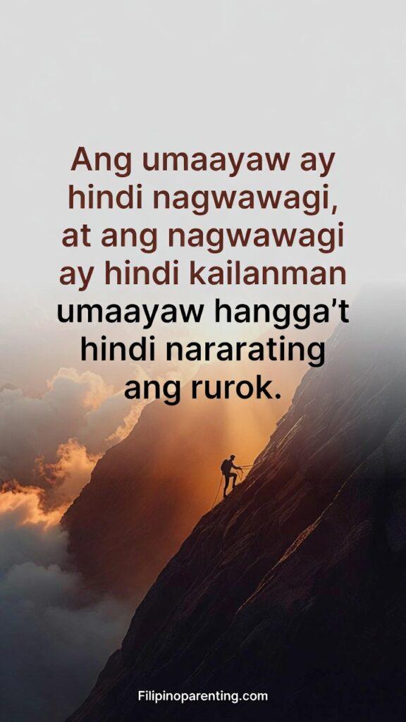 Deep Tagalog Sayings Perseverance Filipino Grit: 5 Unstoppable Truths A climber ascending a mountain at sunrise with a Tagalog quote about perseverance.