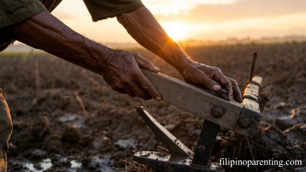Deep Tagalog Sayings Perseverance Filipino Grit: 5 Unstoppable Truths Weathered hands on a plow at dawn representing Deep Tagalog Sayings Perseverance Filipino Grit.