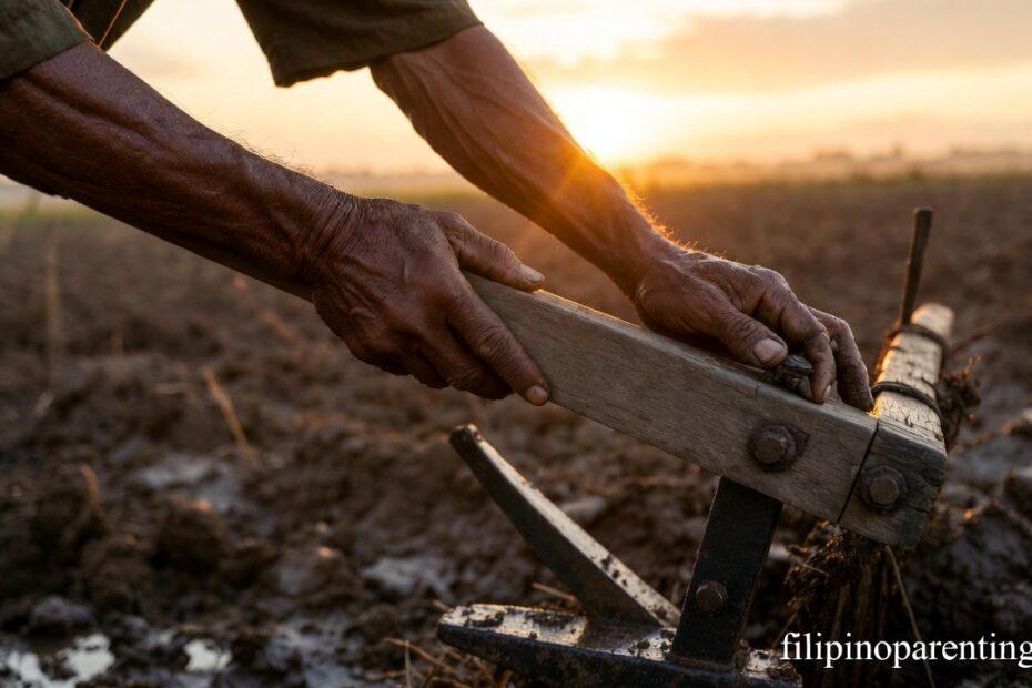 Weathered hands on a plow at dawn representing Deep Tagalog Sayings Perseverance Filipino Grit.