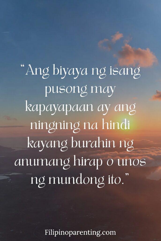 Elegant Tagalog Words Beauty Grace Radiance: 5 Enchanting Truths A peaceful sunrise-themed vertical poster with soft glowing light and a Tagalog quote about grace and radiance.