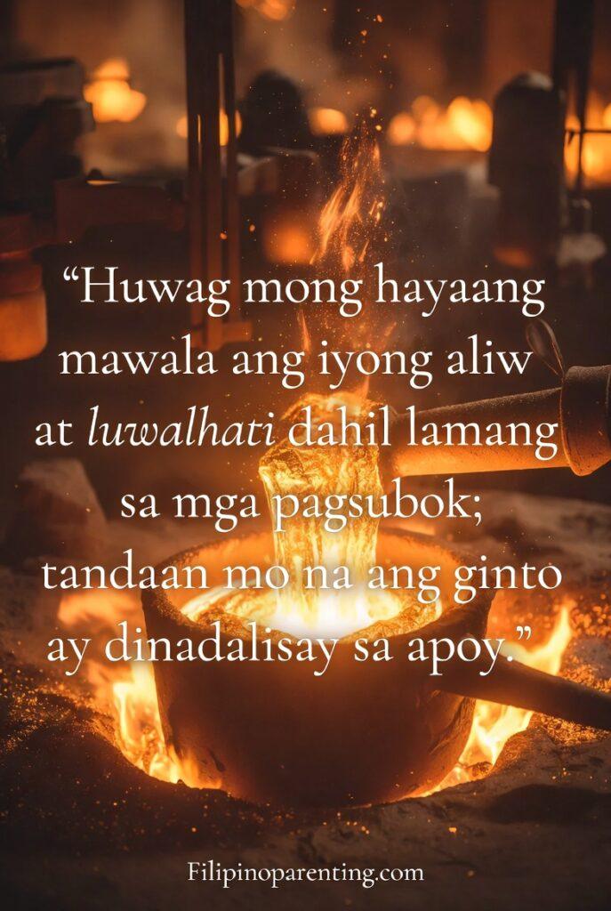 Elegant Tagalog Words Beauty Grace Radiance: 5 Enchanting Truths A vertical poster showing symbolic gold refinement with warm glowing fire, paired with a Tagalog quote about resilience.